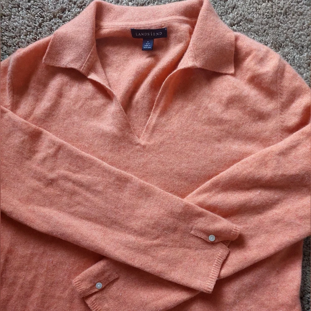 Lands' End peachy orange cashmere collar sweater size Medium - Picture 2 of 7